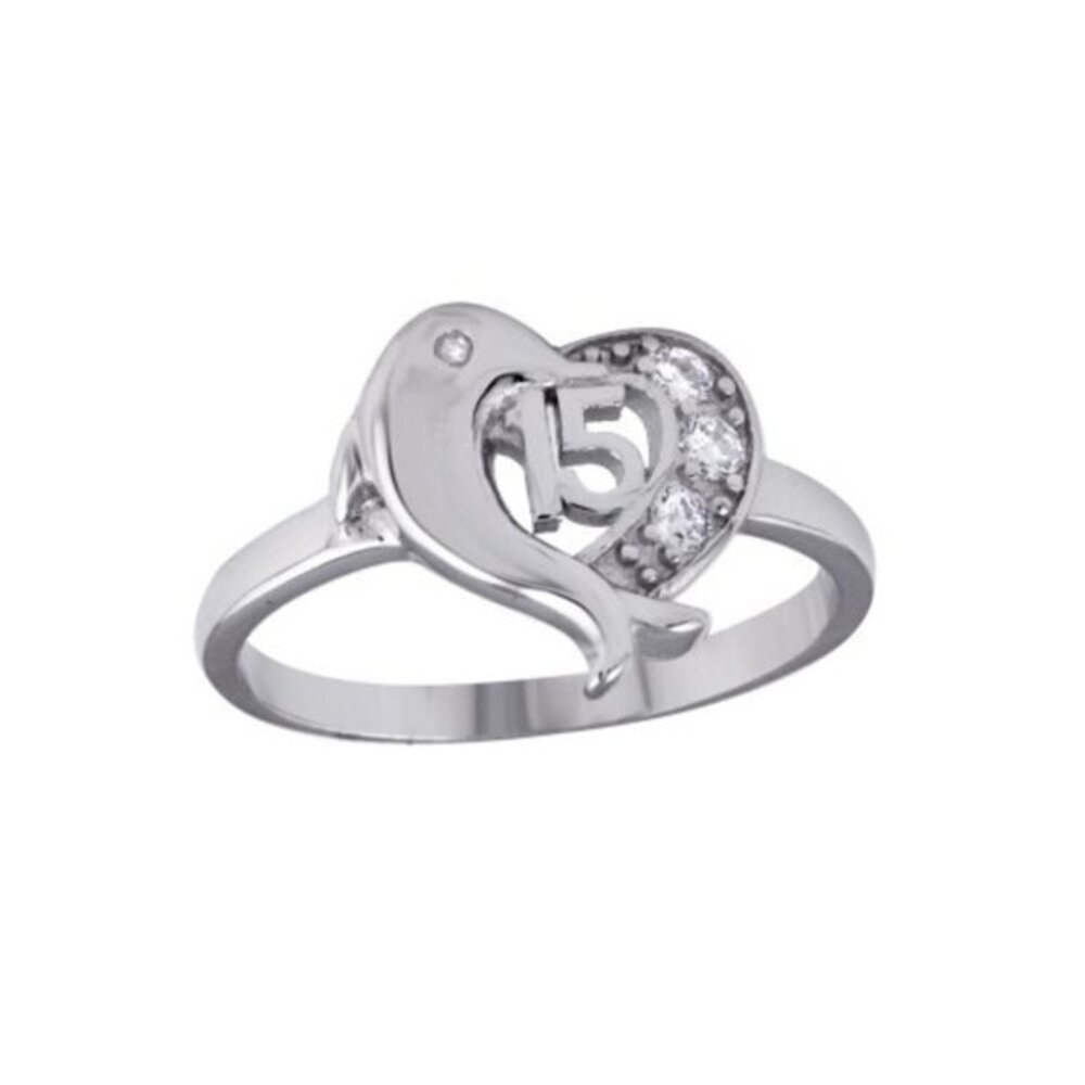 Sterling Silver Crown 15 Heart Dolphin CZ Ring
